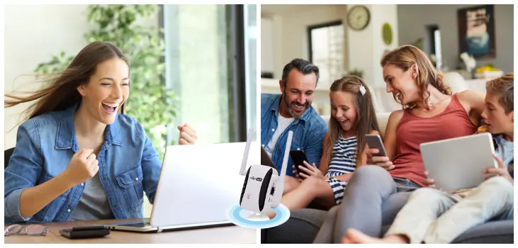 Split image: left, Woman happy in front of her laptop; right, Family Happy using their devices