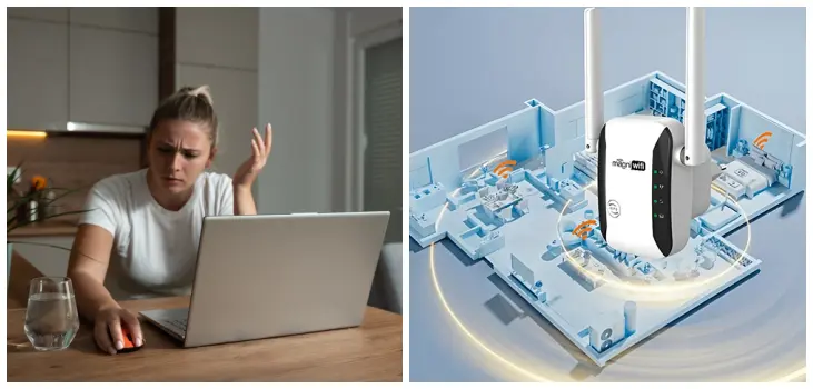 Split image: on the left, woman frustrated in front of her laptop; on the right, a house plan with Magni WiFi in the middle, emitting WiFi signals